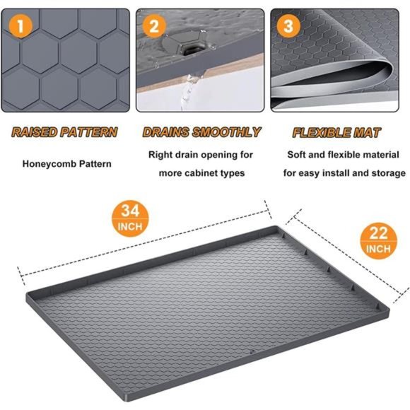 Under Sink Mat for [34" x 22"] Cabinet, Silicone Waterproof Mat, Grey) - Picture 4 of 7